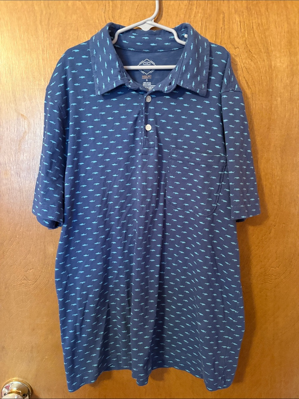 St. John's Bay Navy Polo with Aqua Micro Fish Pattern